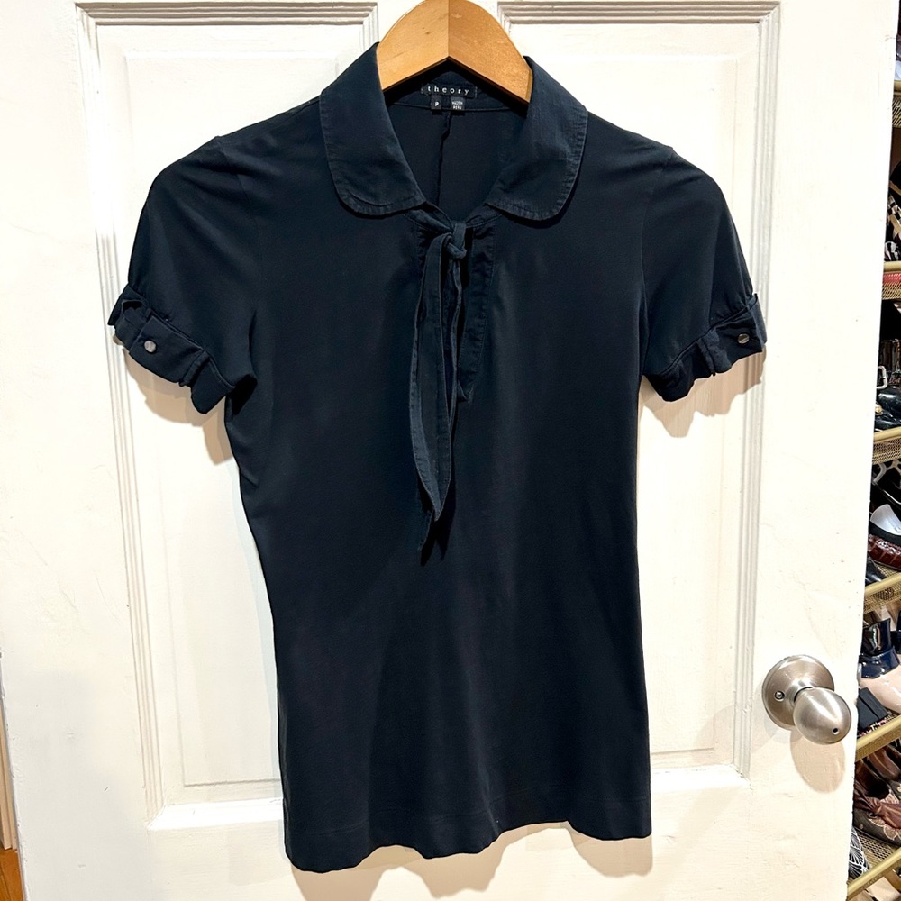 Theory Black Tie Neck Fitted Polo Minimalist Classic Preppy Luxury Size S